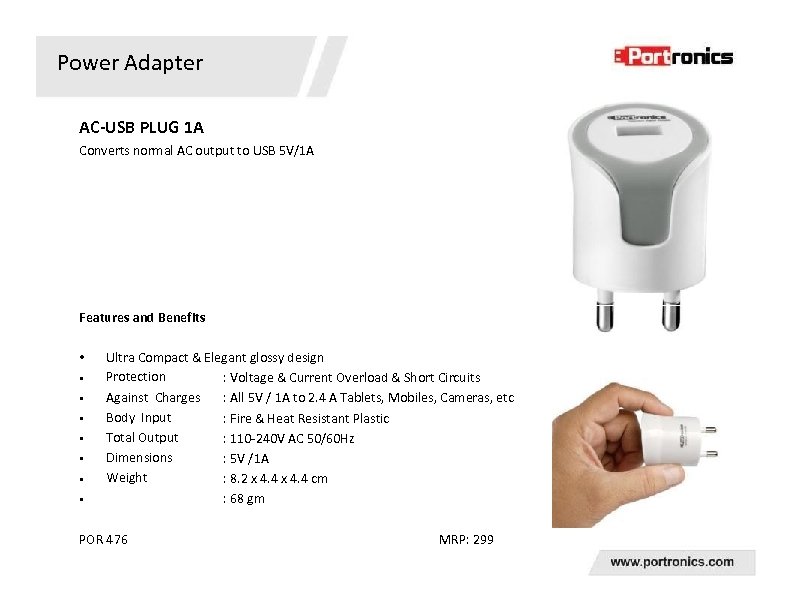 Power Adapter AC-USB PLUG 1 A Converts normal AC output to USB 5 V/1
