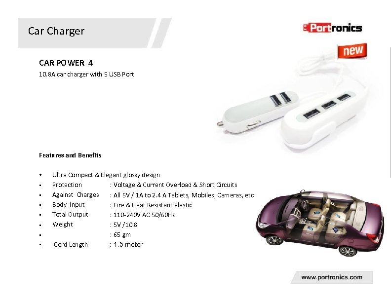 Car Charger CAR POWER 4 10. 8 A car charger with 5 USB Port