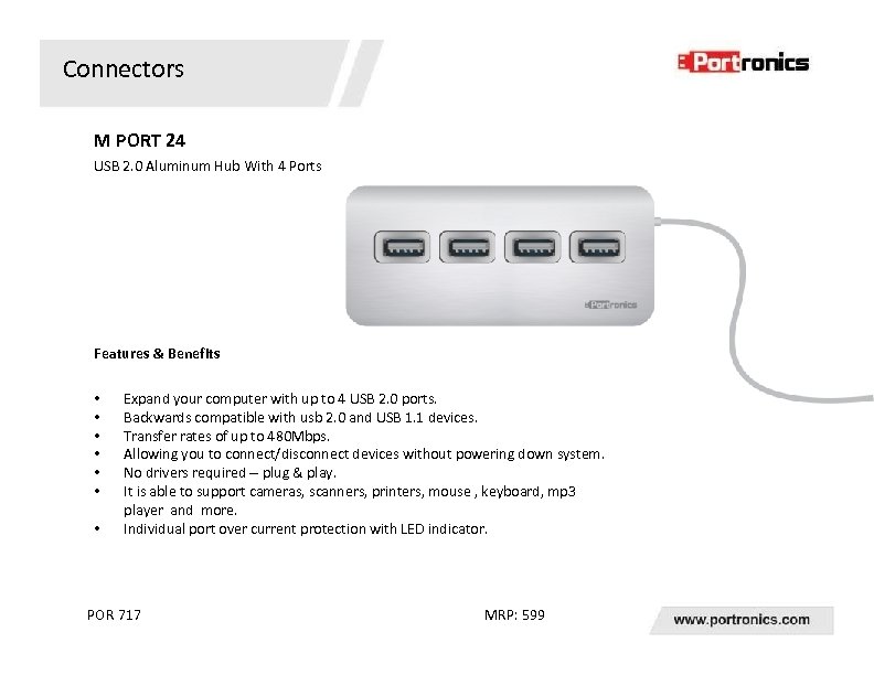 Connectors M PORT 24 USB 2. 0 Aluminum Hub With 4 Ports Features &