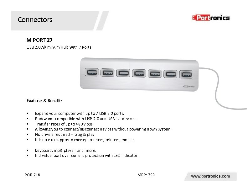 Connectors M PORT 27 USB 2. 0 Aluminum Hub With 7 Ports Features &