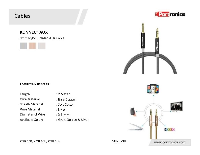 Cables KONNECT AUX 3 mm Nylon Braided AUX Cable Features & Benefits Length Core
