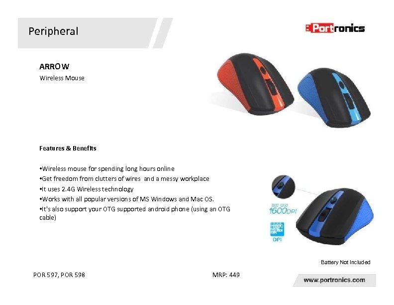 Peripheral ARROW Wireless Mouse Features & Benefits • Wireless mouse for spending long hours