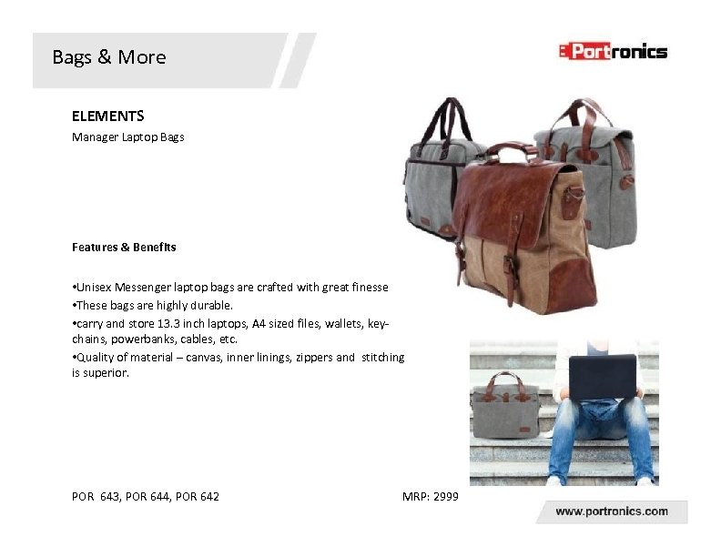 Bags & More ELEMENTS Manager Laptop Bags Features & Benefits • Unisex Messenger laptop