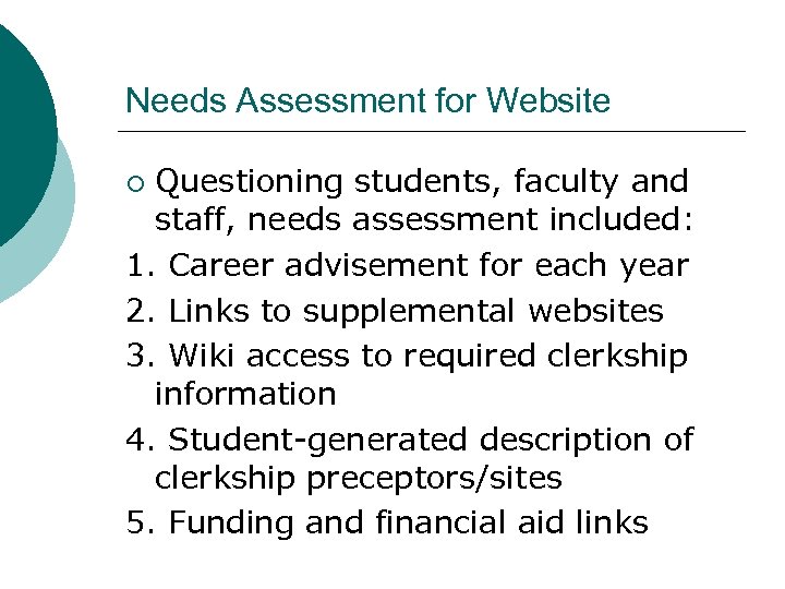 Needs Assessment for Website Questioning students, faculty and staff, needs assessment included: 1. Career