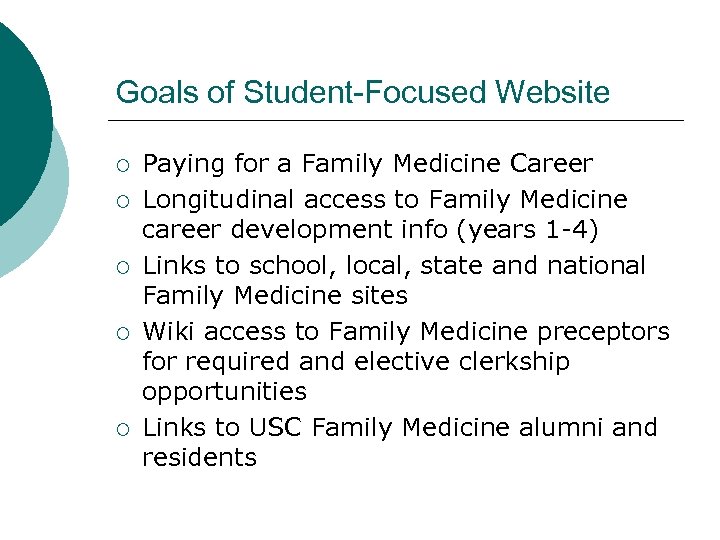 Goals of Student-Focused Website ¡ ¡ ¡ Paying for a Family Medicine Career Longitudinal