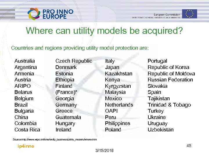 Where can utility models be acquired? Countries and regions providing utility model protection are: