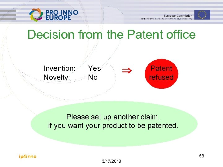 Decision from the Patent office Invention: Novelty: Yes No Patent refused Please set up