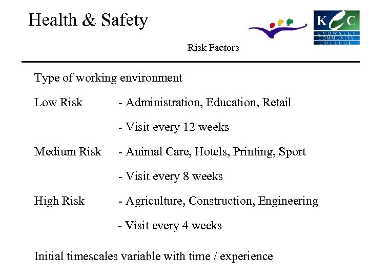 Health & Safety Risk Factors Type of working environment Low Risk - Administration, Education,