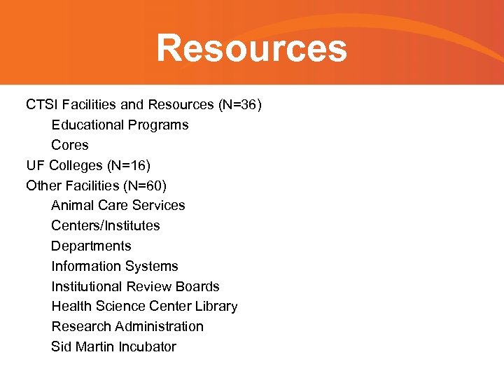 Resources CTSI Facilities and Resources (N=36) Educational Programs Cores UF Colleges (N=16) Other Facilities