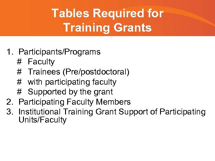 Tables Required for Training Grants 1. Participants/Programs # Faculty # Trainees (Pre/postdoctoral) # with