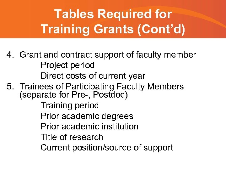 Tables Required for Training Grants (Cont’d) 4. Grant and contract support of faculty member