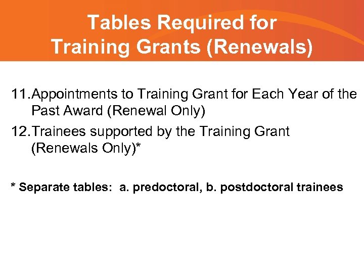 Tables Required for Training Grants (Renewals) 11. Appointments to Training Grant for Each Year