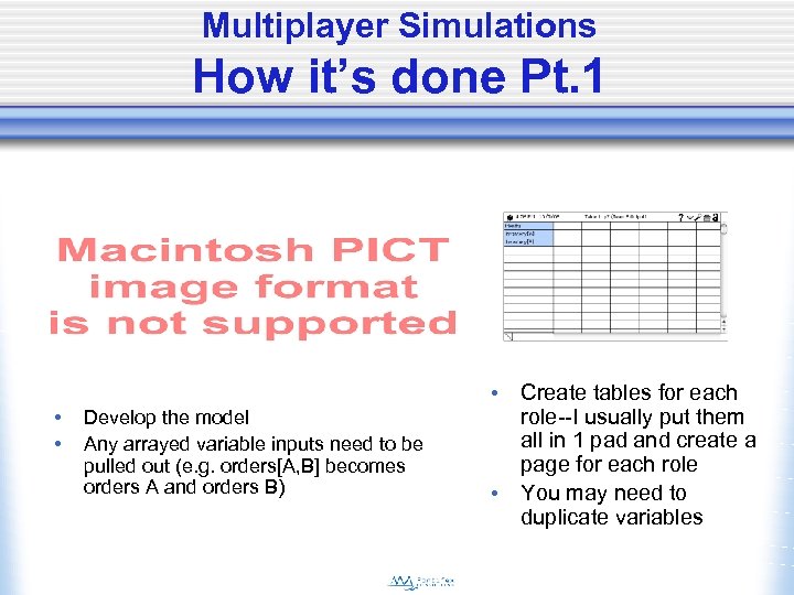 Multiplayer Simulations How it’s done Pt. 1 • • Develop the model Any arrayed