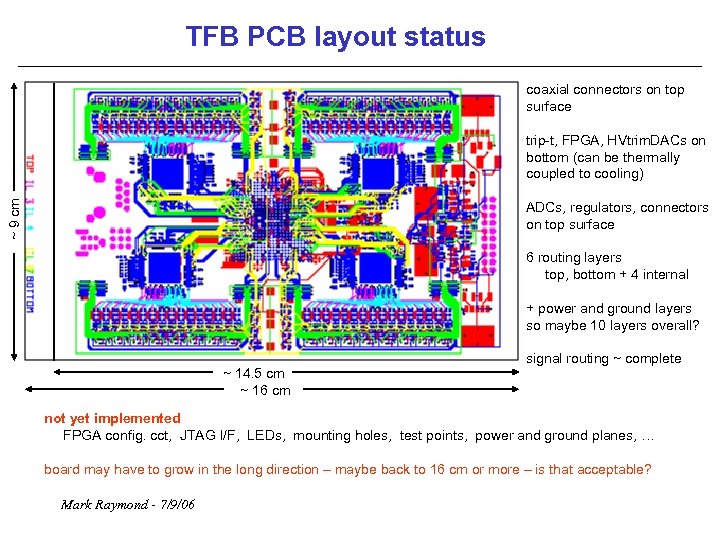 TFB PCB layout status coaxial connectors on top surface ~ 9 cm trip-t, FPGA,