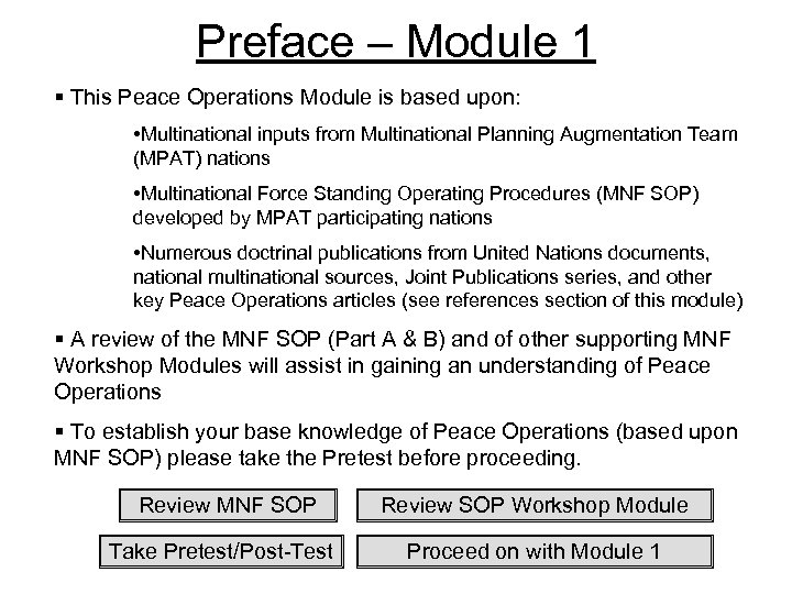 Preface – Module 1 § This Peace Operations Module is based upon: • Multinational