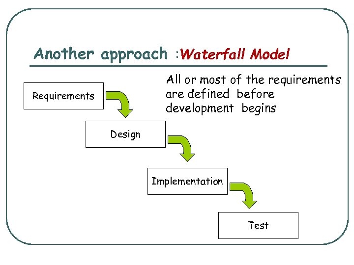 Another approach : Waterfall Model All or most of the requirements are defined before