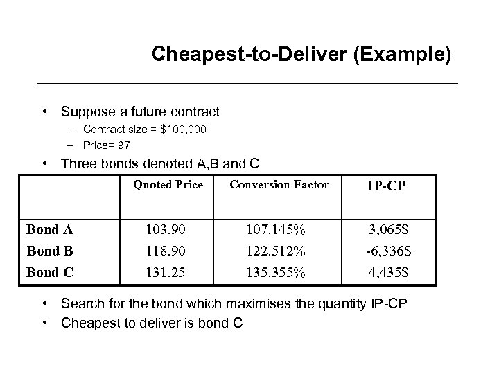 Cheapest-to-Deliver (Example) • Suppose a future contract – Contract size = $100, 000 –