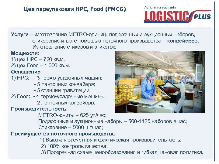 Цех переупаковки HPC, Food (FMCG) Услуги – изготовление METRO-единиц, подарочных и аукционных наборов, стикерение