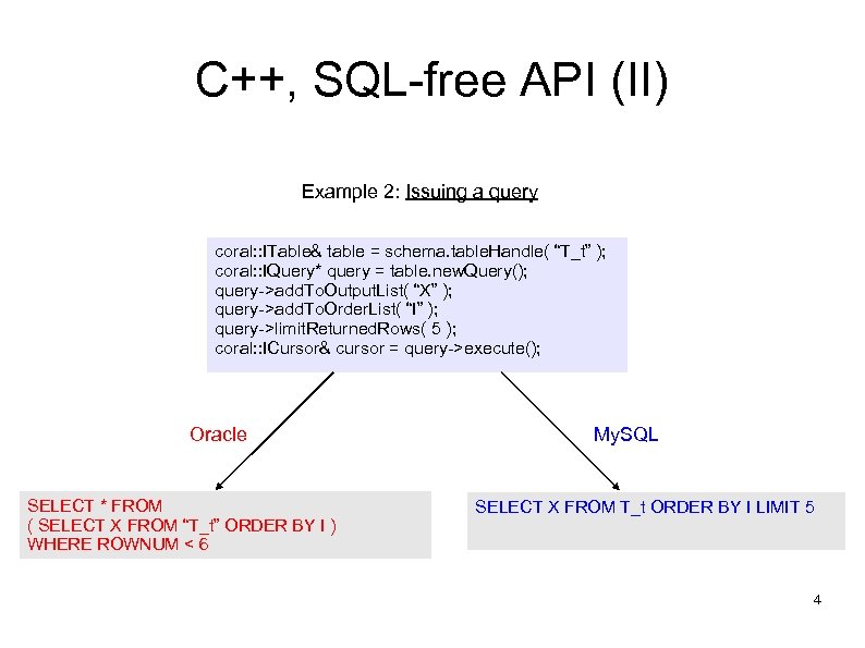 C++, SQL-free API (II) Example 2: Issuing a query coral: : ITable& table =