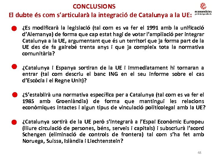 CONCLUSIONS El dubte és com s’articularà la integració de Catalunya a la UE: •