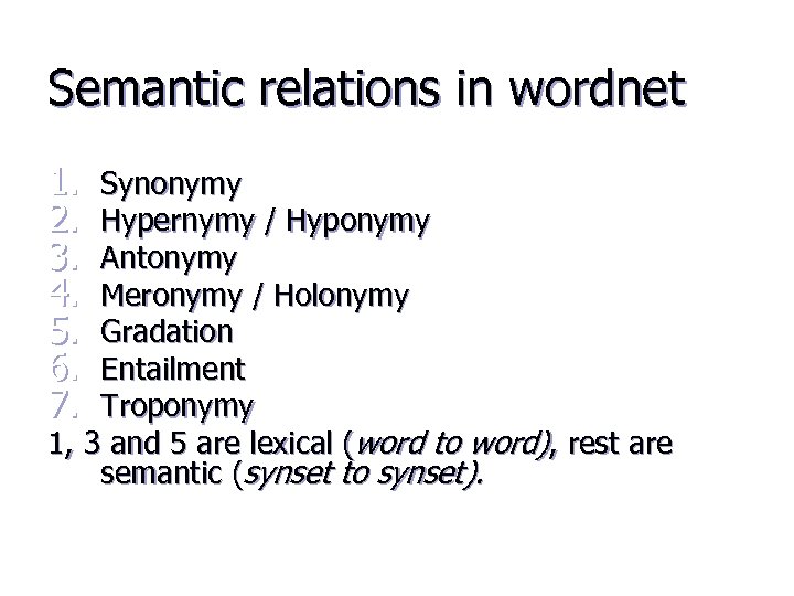 Semantic relations in wordnet 1. 2. 3. 4. 5. 6. 7. Synonymy Hypernymy /