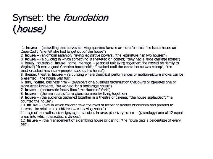 Synset: the foundation (house) 1. house -- (a dwelling that serves as living quarters