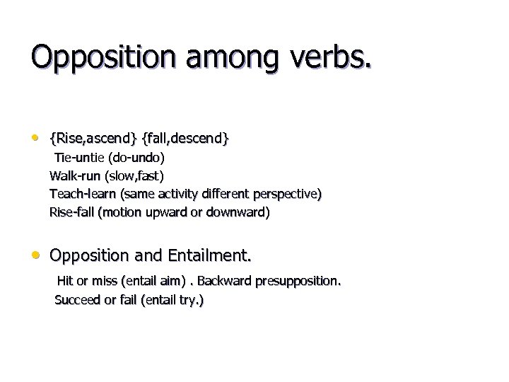 Opposition among verbs. • {Rise, ascend} {fall, descend} Tie-untie (do-undo) Walk-run (slow, fast) Teach-learn