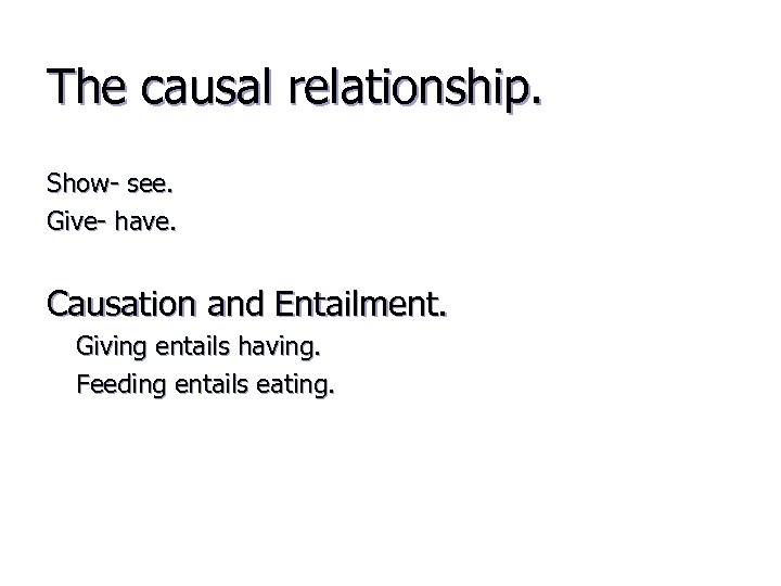 The causal relationship. Show- see. Give- have. Causation and Entailment. Giving entails having. Feeding