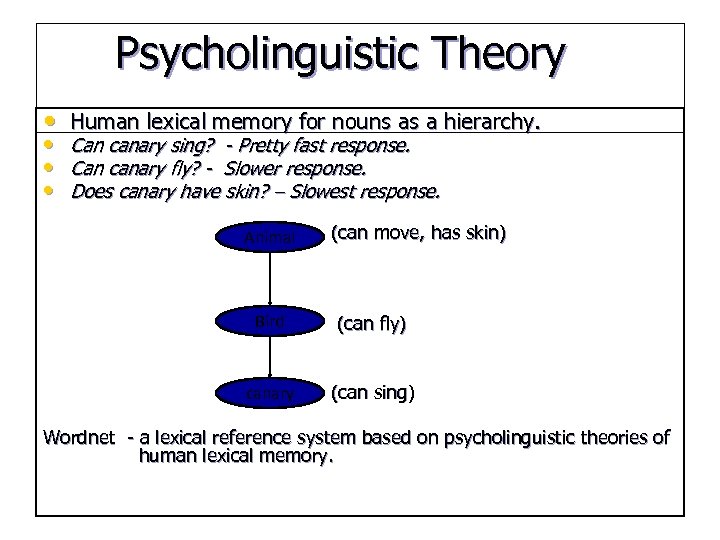 Psycholinguistic Theory • Human lexical memory for nouns as a hierarchy. • • •