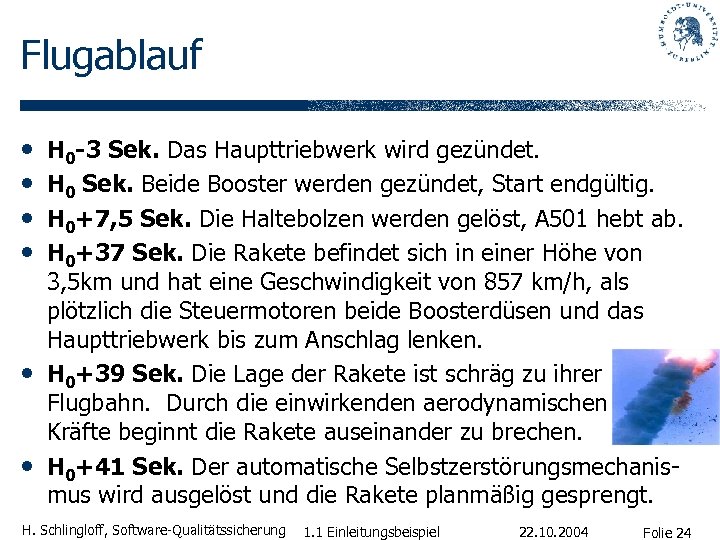 Flugablauf • • • H 0 -3 Sek. Das Haupttriebwerk wird gezündet. H 0