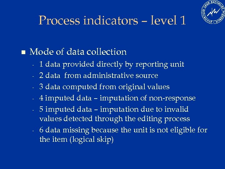 Process indicators – level 1 n Mode of data collection - 1 data provided