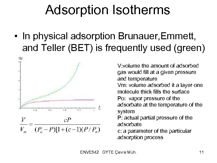 Adsorption Isotherms • In physical adsorption Brunauer, Emmett, and Teller (BET) is frequently used