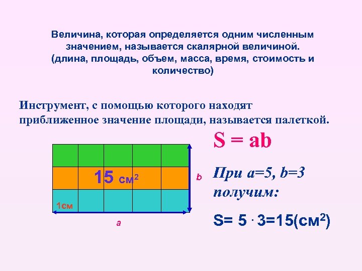 Величина, которая определяется одним численным значением, называется скалярной величиной. (длина, площадь, объем, масса, время,