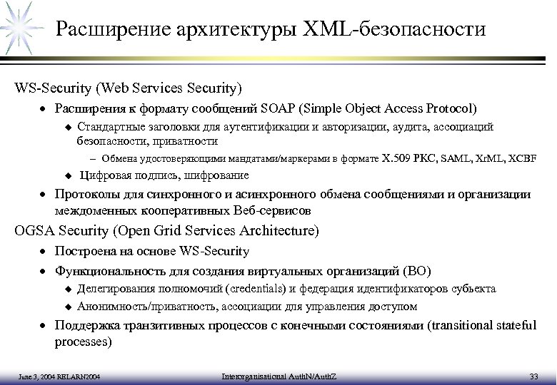 Расширение архитектуры XML-безопасности WS-Security (Web Services Security) · Расширения к формату сообщений SOAP (Simple