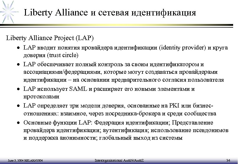 Liberty Alliance и сетевая идентификация Liberty Alliance Project (LAP) · LAP вводит понятия провайдера