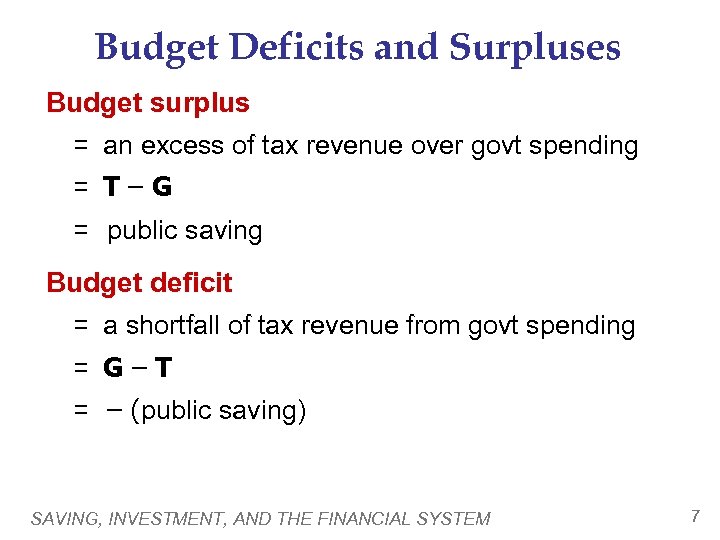 Budget Deficits and Surpluses Budget surplus = an excess of tax revenue over govt