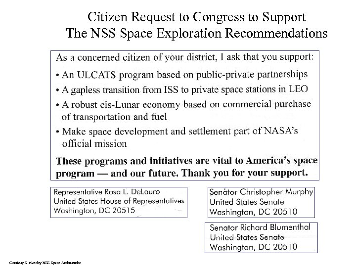 Citizen Request to Congress to Support The NSS Space Exploration Recommendations Courtesy S. Akerley