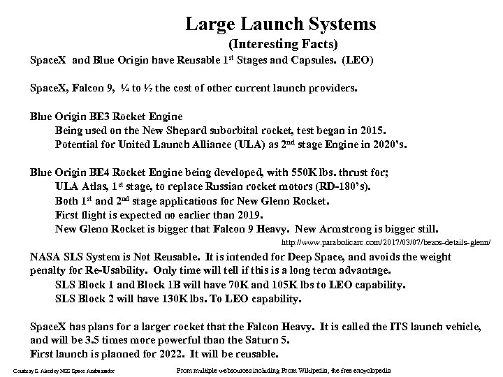 Large Launch Systems (Interesting Facts) Space. X and Blue Origin have Reusable 1 st