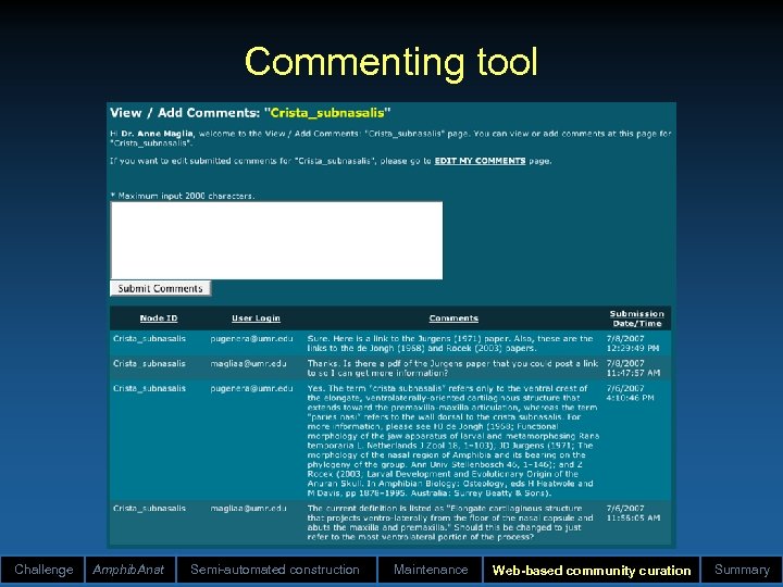 Commenting tool Challenge Amphib. Anat Semi-automated construction Maintenance Web-based community curation Summary 