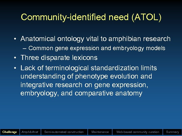 Community-identified need (ATOL) • Anatomical ontology vital to amphibian research – Common gene expression