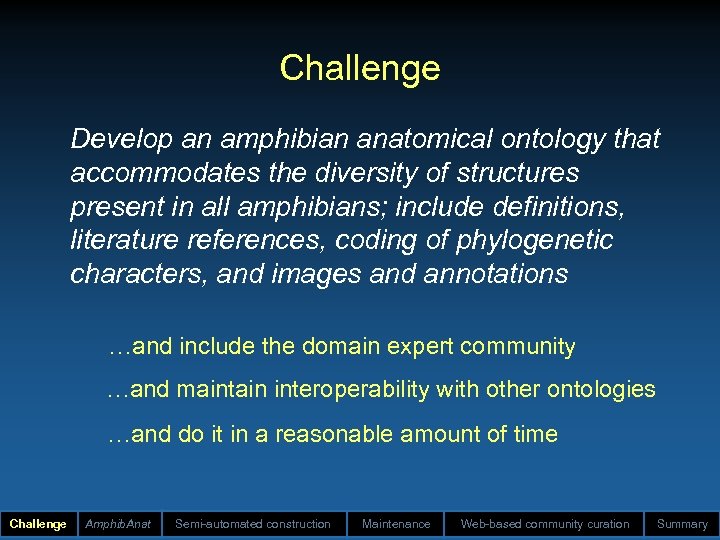 Challenge Develop an amphibian anatomical ontology that accommodates the diversity of structures present in