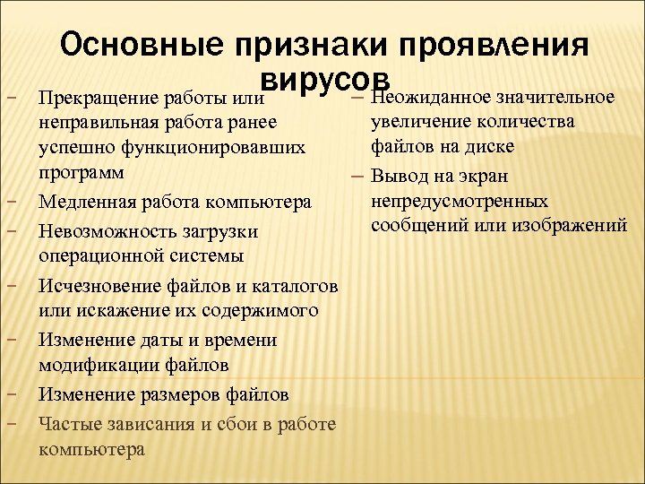 − − − − Основные признаки проявления вирусов ─ Неожиданное значительное Прекращение работы или