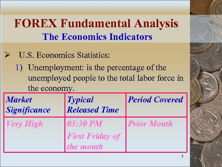 FOREX Fundamental Analysis The Economics Indicators Ø U. S. Economics Statistics: 1) Unemployment: is