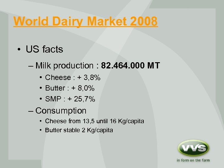 World Dairy Market 2008 • US facts – Milk production : 82. 464. 000