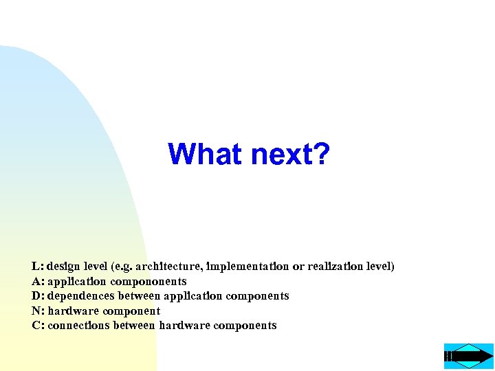 What next? L: design level (e. g. architecture, implementation or realization level) A: application