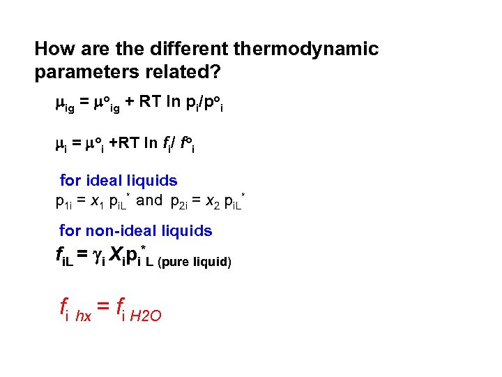 How are the different thermodynamic parameters related? mig = moig + RT ln pi/poi