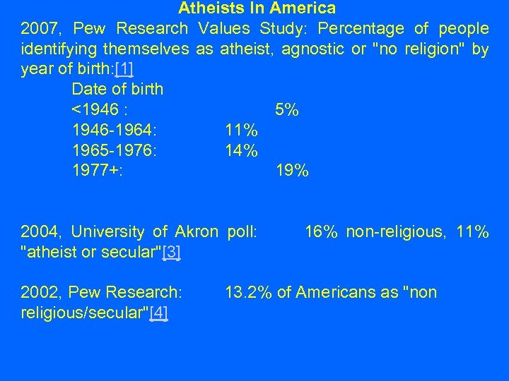 Atheists In America 2007, Pew Research Values Study: Percentage of people identifying themselves as