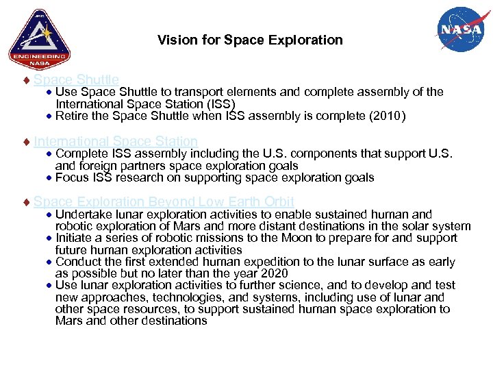 Vision for Space Exploration Space Shuttle Use Space Shuttle to transport elements and complete