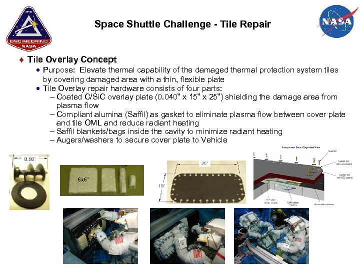 Space Shuttle Challenge - Tile Repair Tile Overlay Concept Purpose: Elevate thermal capability of