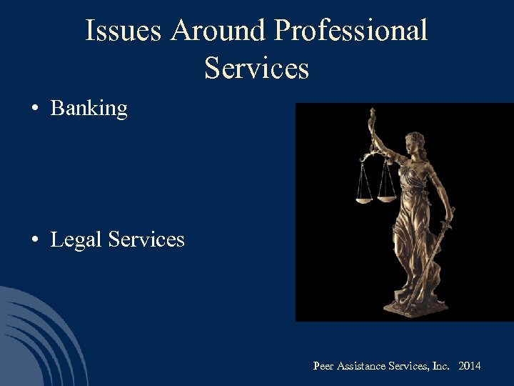 Issues Around Professional Services • Banking • Legal Services Peer Assistance Services, Inc. 2014